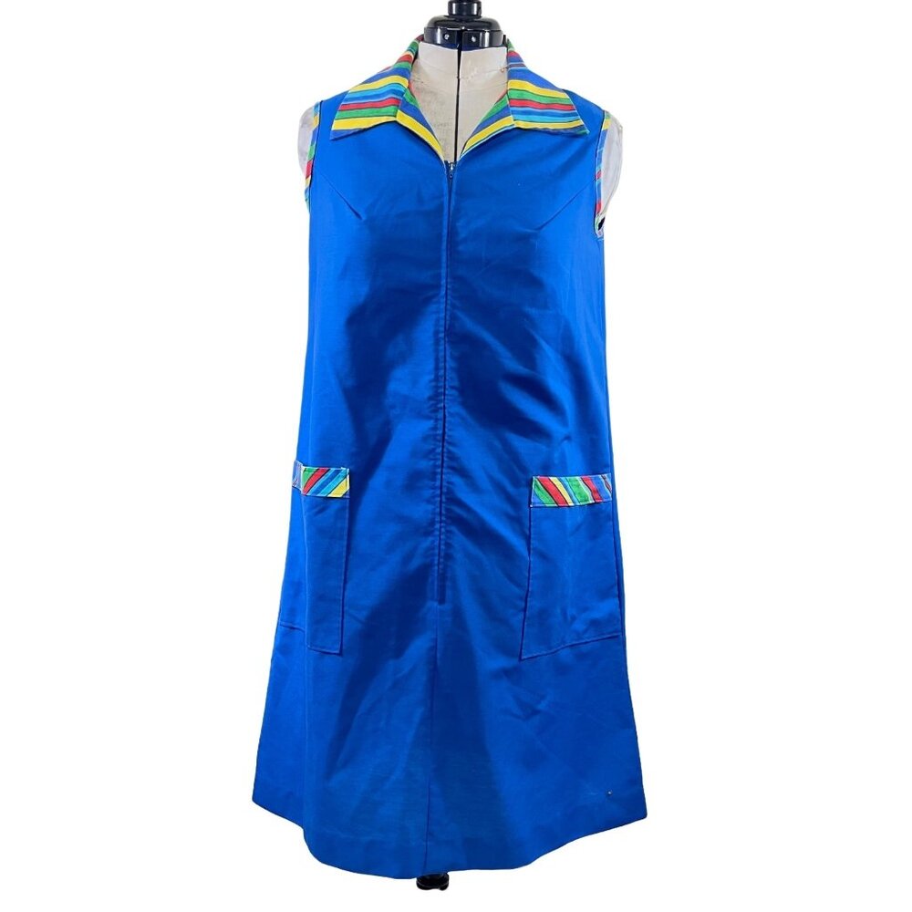 70s Vintage Blue A-Line Sleeveless Zip Front Dress with Striped Collar Size L
